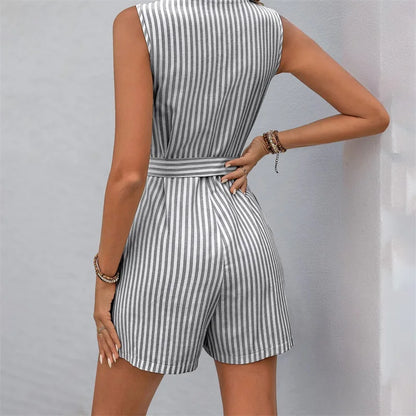 Women Rompers Solid Jumpsuits Striped Lace-Up Button V Neck Sleeveless Waist Mini Length Pants Shorts Casual One-piece Playsuit