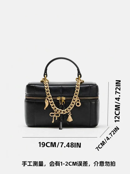 Womens Vintage National PU Leather Waterproof Quilted Chain Bag Black Crossbody Bag Bell Charm Top Handle for Date