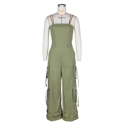 Jumpsuits Women One Piece Cargo Pant Wide Leg Long Pants Loose Casual Sling Sleeveless Overalls Y2k Strapless Solid Rompers