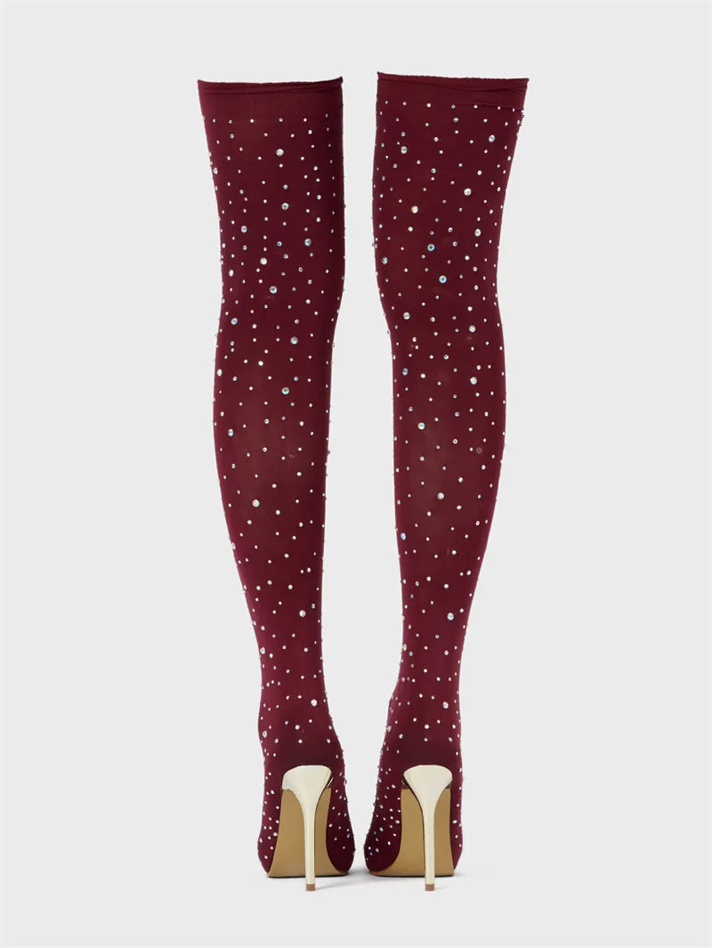 Liyke Sexy Pointed Toe Crystal Rhinestone Stretch Fabric Thigh High Boots Women Thin Heels Over The Knee Socks Shoes Size 35-43