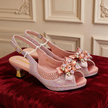 Nigerian Heel Party for Women Gold Color Shoes and Bag Set Rhinestone Handbag Italian Design Wedding Pumps Women Shoes Luxury