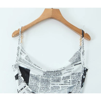 2025 Women Newspaper Letter Print Irregular Hem Sexy Dresses Thin Straps With Chain Backless  Summer Short Dress