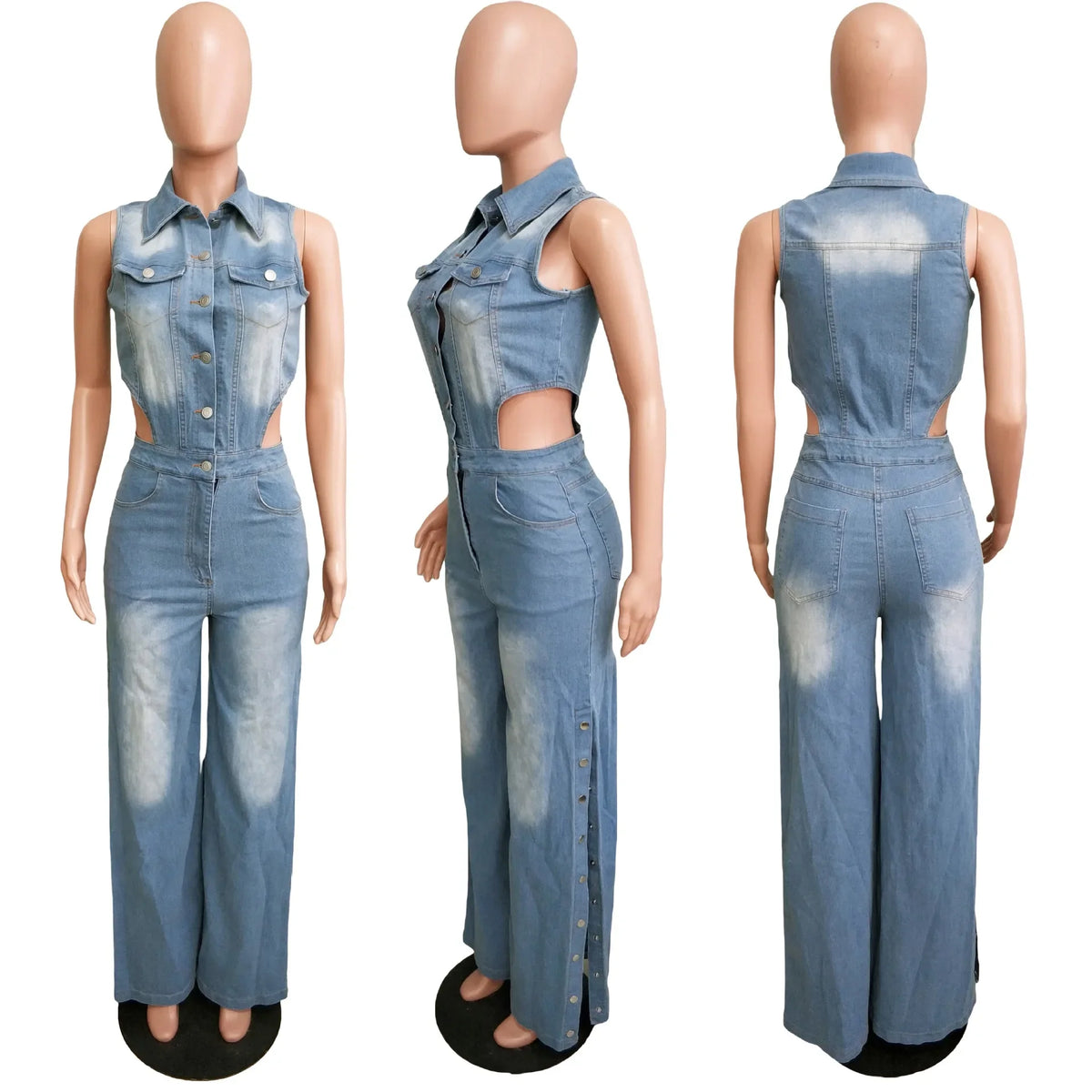 Jumpsuits Women Denim Pants One Piece Sleeveless Turn Down Collar Overalls Sheath Sexy Straight Long Pant Rompers Slim Fit