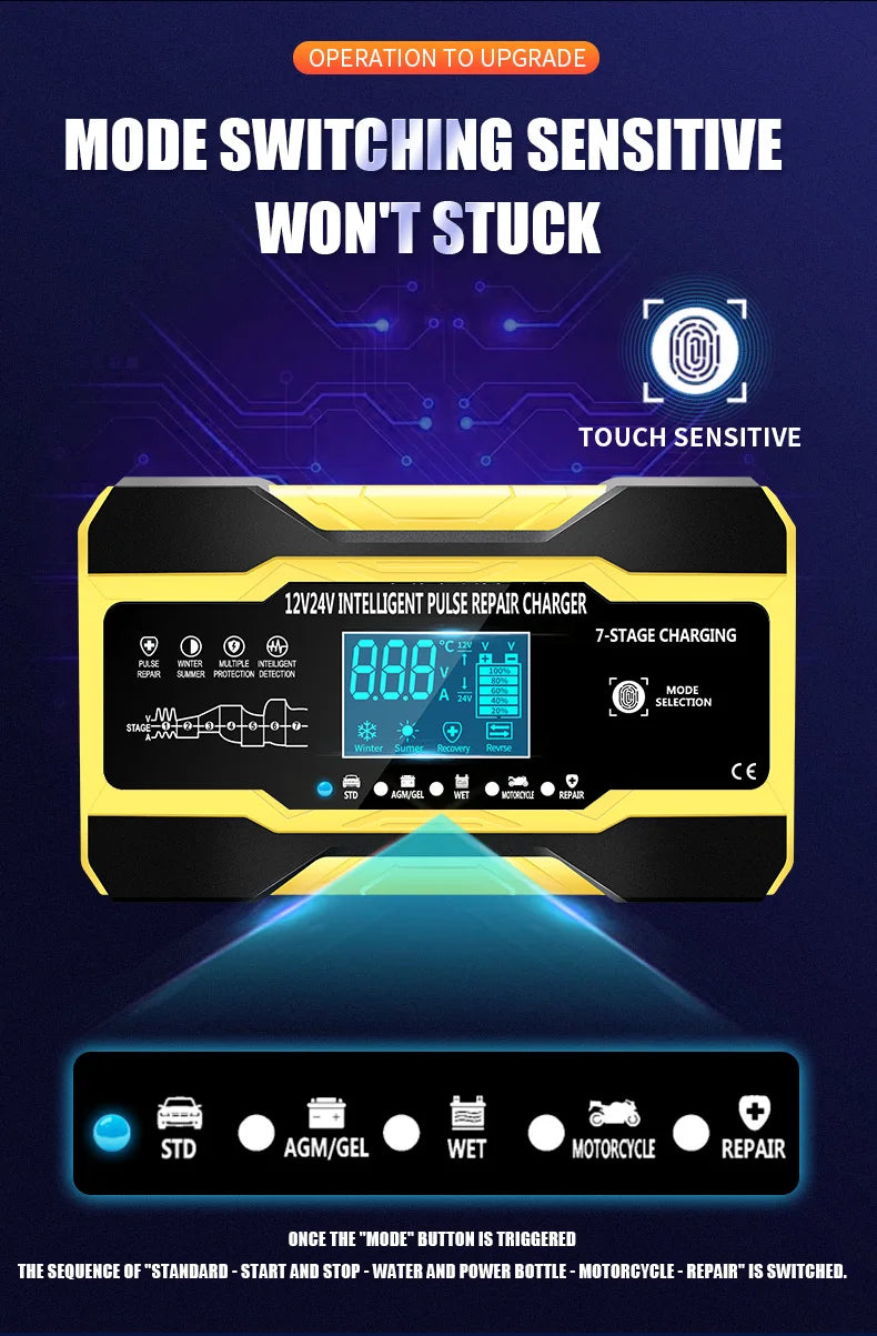 12V 24V Car Battery Charger 10A Smart 7-Stage Pulse Repair Fast Charger, AGM GEL WET Lead Acid Battery Maintainer