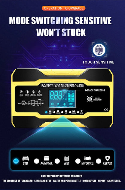 12V 24V Car Battery Charger 10A Smart 7-Stage Pulse Repair Fast Charger, AGM GEL WET Lead Acid Battery Maintainer
