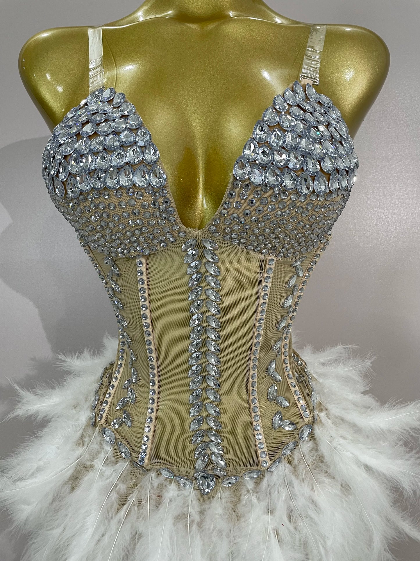 Luxury Sparkly Rhinestones Feathers Long Tail Dress Sexy Mesh Transparent Stage Bodysuit Evening Party Celebrate Birthday Dress