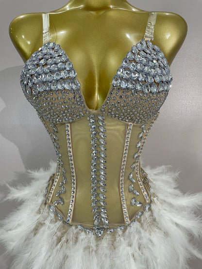 Luxury Sparkly Rhinestones Feathers Long Tail Dress Sexy Mesh Transparent Stage Bodysuit Evening Party Celebrate Birthday Dress