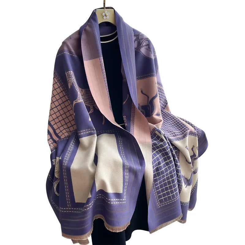 Autumn Winter Scarf Women Pashmina Shawls Horse Print Wraps Cashmere Blanket Warm Thick Chunky Stoles for Lady Outdoor Bufanda