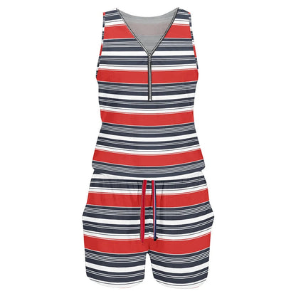 2023 summer new hot sales stripe color block print one piece shorts sleeveless zipper v neck one piece