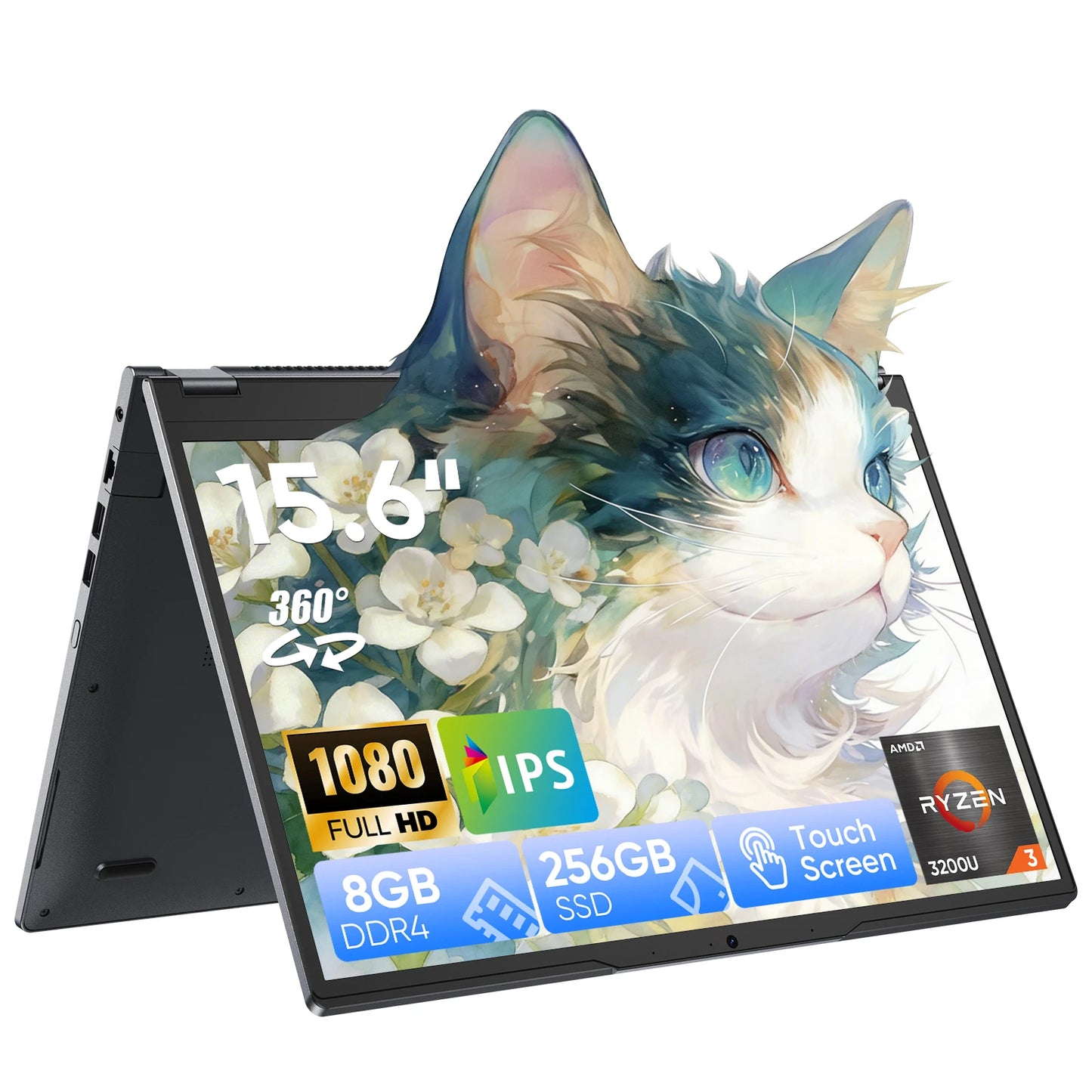 2 in 1 Laptop Computer,15.6" 8GB 256GB Touchscreen , AMD Ryzen R3 3200U, Radeon Vega 3, 1920x1080 FHD Display Blacklit Keyboard