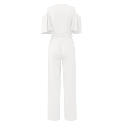 Jumpsuit Summer Pure Color Women Sexy Deep V Neck Short Sleeve Rompers Fashion Slim Fit Lace Up Elegant Female Wide Leg Jumpsuit
