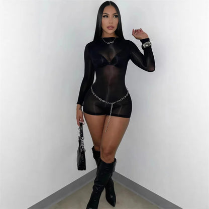 Doyerl Solid Long Sleeve Shorts Romper for Woman Bodysuit Fancy Club Skinny Stretchy Party Night Going Out One Pieces Playsuit