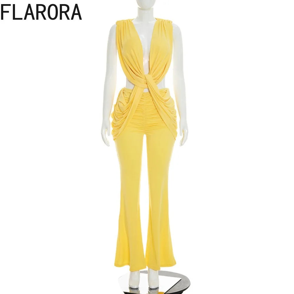 FLARORA Sexy Cross Knot Ruched Flare Jumpsuits Woman Chic Deep V Sleeveless Backless Peach Hip Skinny Playsuits Party Clubwear