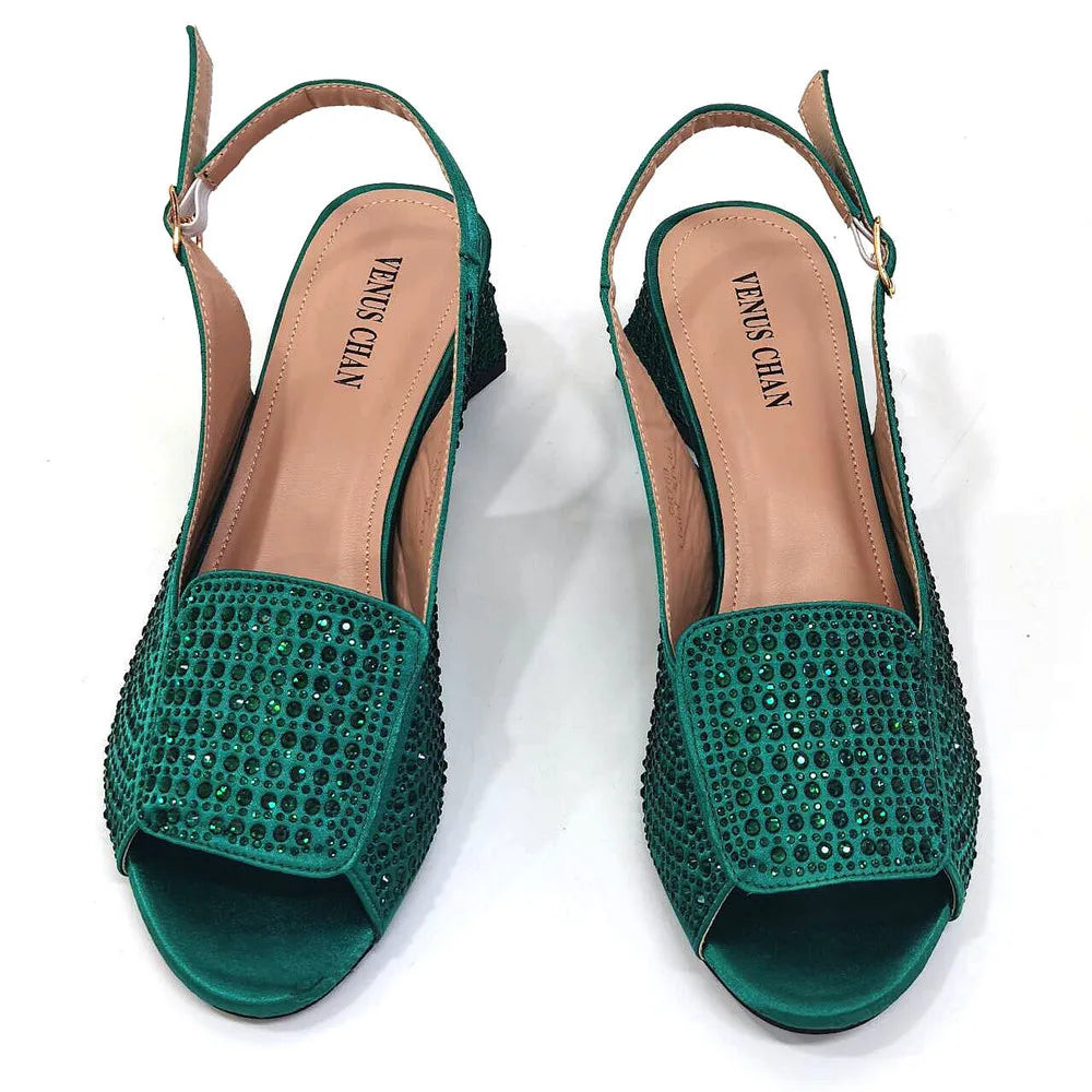 High Heels Shoes for Women Embroidery Rhinestone Italian Design Blue Color Pointed Toe Shoes and Bags Set Fashion