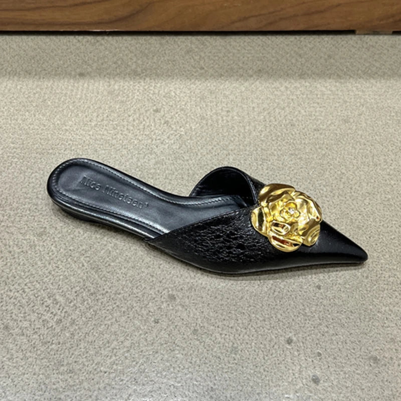 Flower Women Flats Slippers Pointed Toe Elegant Mules Shoes Fad Slingback Sandals 2025 Summer New Luxury Flip Flops Mujer Slides