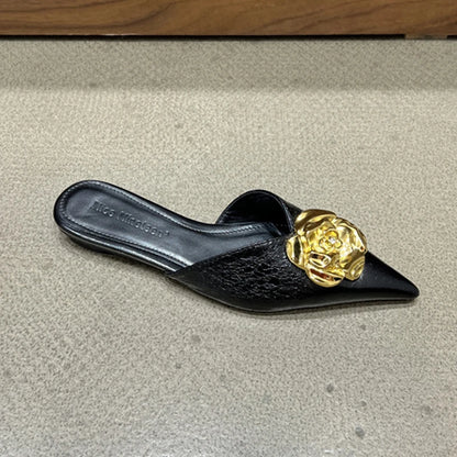 Flower Women Flats Slippers Pointed Toe Elegant Mules Shoes Fad Slingback Sandals 2025 Summer New Luxury Flip Flops Mujer Slides