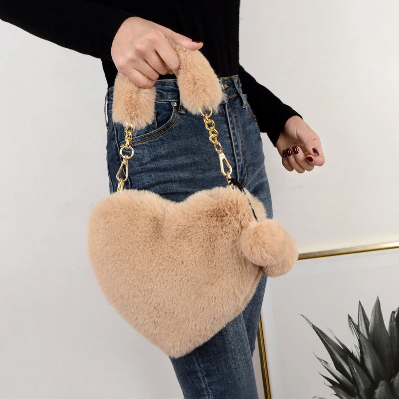 Women Hand Bags New Plush Love Heart Shaped New Fashionable Solid Color Soft Comfortable Purses and Handbags Bags for Ladies