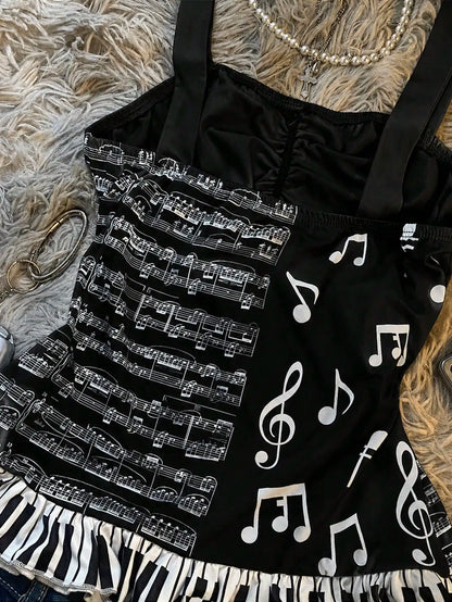 Y2K Music Note Print Cami Top Women White Ruched Bust Bow Piano Key Ruffle Hem Slim Fit Sleeveless Summer Streetwear Tank Top