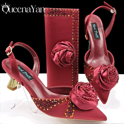 New Party Shoes And Bag Set Nigeria Handmade Flowers Decoration Lady Fashion Shoes and Bag Set for Wedding