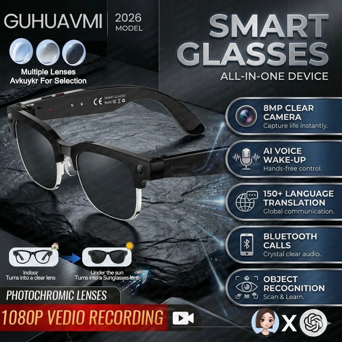 2026 New AI Smart Glasses with Camera 4K EIS Anti-Shake Video&Photo Capture Real-Time Translation Recording Glasses Photochromic