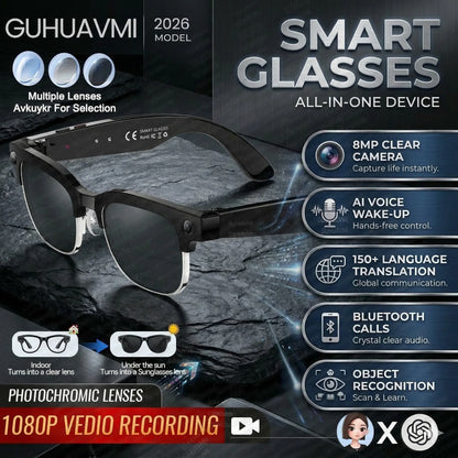 2026 New AI Smart Glasses with Camera 4K EIS Anti-Shake Video&Photo Capture Real-Time Translation Recording Glasses Photochromic