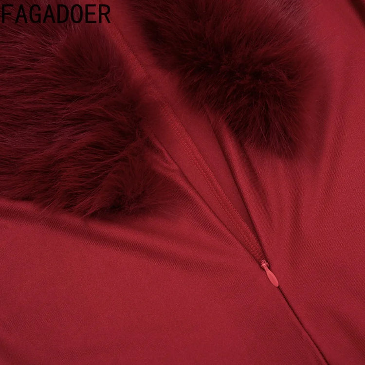 FAGADOER Women Fall Winter Bodycon Jumpsuit Faux Fur Collar Long Sleeve Deep V Neck Slim Fit Sexy Club Party One Piece Outfit