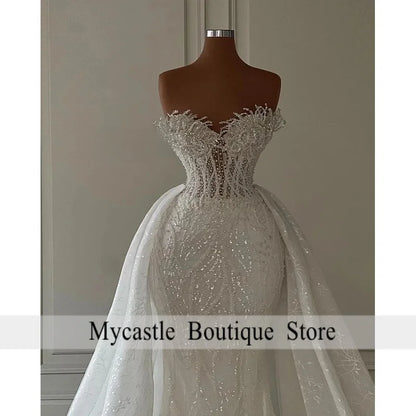Luxurious Mermaid Wedding Dresses 2026 Bride Strapless Heavy Beaded Lace 2 In 1 Detachable Overskirts Bridal Gown Customized