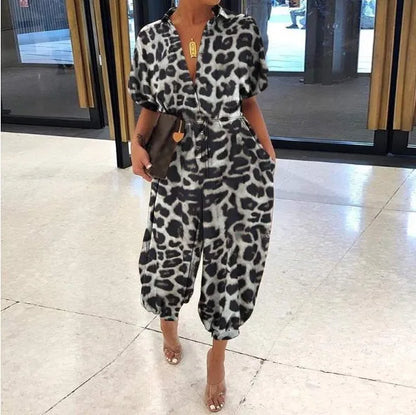2025 Summer New Dot Leopard Print Jumpsuit Women Short Sleeve Leace-up Pocket Casual Jumpsuits Fashion Vintage Ladies Bodysuits