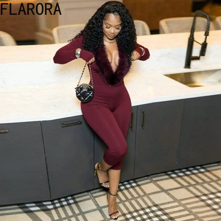 FLARORA Sexy Faux Fur Patchwork Capri Jumpsuits Woman Deep V Neck Full Sleeve Skinny Peach Hip Midnight Party Clubwear Overalls