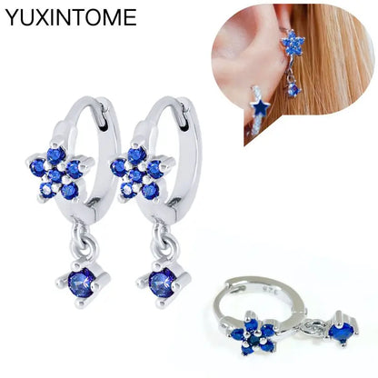 925 Sterling Silver Needle Dark Blue Crystal Silver Earrings Women's Exquisite Heart Blue Pendant Hoop Earrings Luxury Jewelry