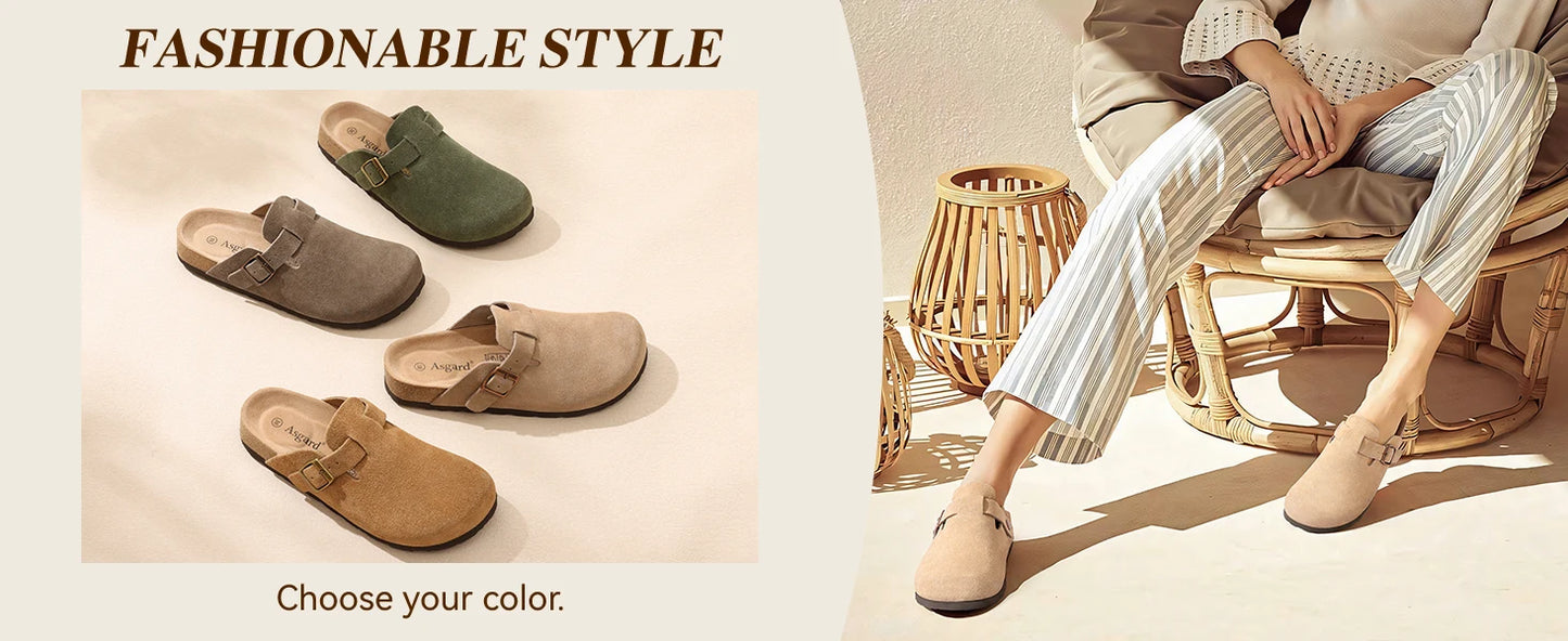 Asgard Women Suede Clogs Genuine Leather Mules Adjustable Buckle with Comfort Cork Footbed and Arch Support Aldult Potato Shoes