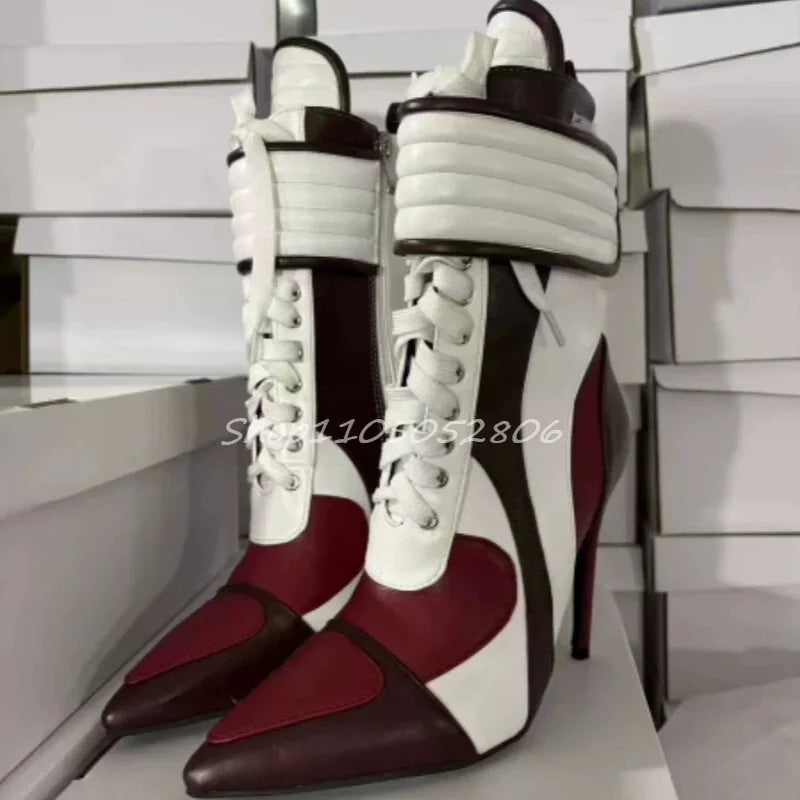 2026 Knee High Woman Boots Sexy Pointed Toe Lace-up Ladies Long Boots Thin Heel Patchwork Leather Motorcycle Boots 44