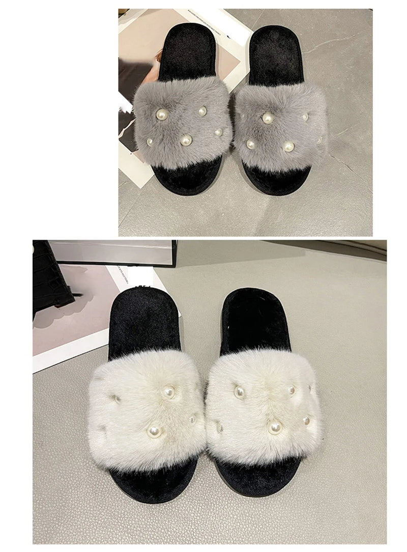 Perle Fluffy Slippers Home Winter Casual Designer Shoes Women 2025 New Luxury Indoor Plush Slides Girls Fashion Elegant Footwear