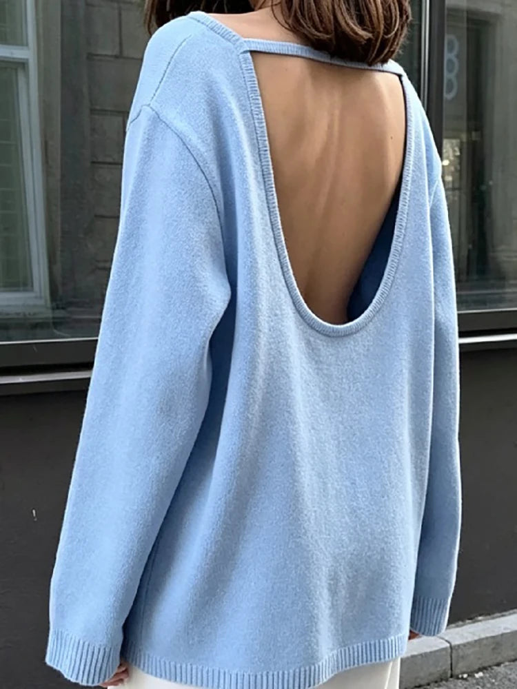 Casual Knitted Sweater Round Neck Open Back Long Sleeves Loose Pullover 2026 Autumn Fashion Daily Versatile Cardigan Top Outfit