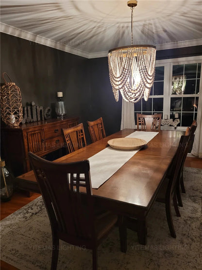 French Country white wood Bead Chandelier dining room bedroom princess Decorative chandelier 3/5 lights hanging light fixture