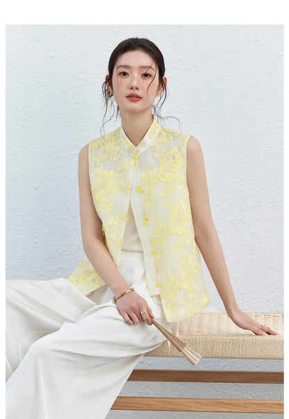 VIMLY Women's Vest 2026 Summer Casual Yellow Floral Embroidery Stand Collar New Chinese Style Sleeveless Jacket Ladies A5251