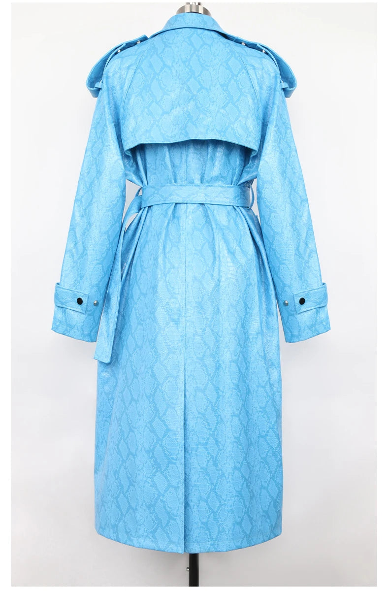 Nerazzurri Spring Autumn Long Oversized Colorful Snakeskin Print Patent Leather Trench Coat for Women Belt Runway Fashion 2022