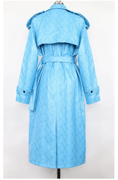 Nerazzurri Spring Autumn Long Oversized Colorful Snakeskin Print Patent Leather Trench Coat for Women Belt Runway Fashion 2022