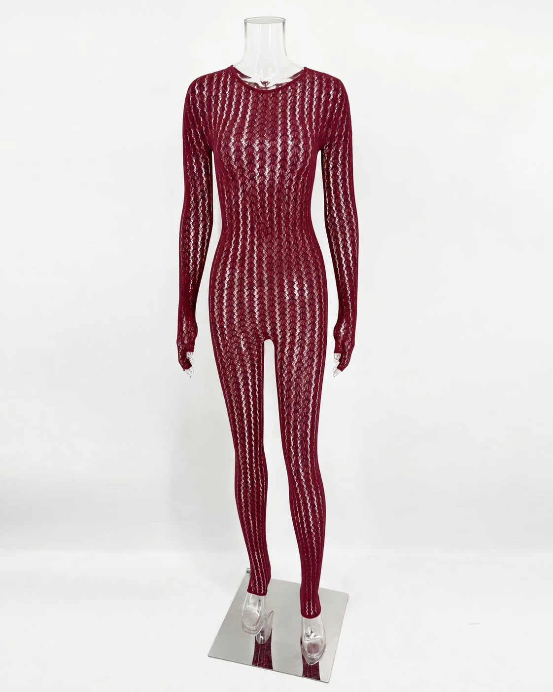 Women's Burgundy Sheer Lace Jumpsuit Long Sleeve Bodycon One Piece Romper Openwork Pattern for Party Club Evening Wear