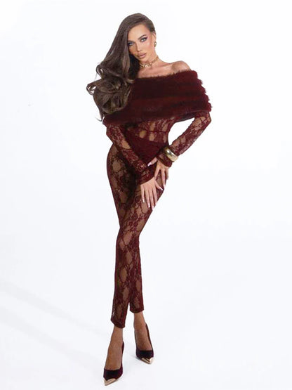 Sisterlinda Sexy Furry Patchwork Jumpsuits Women Coquette See Through Jacquard Slash Neck Full Sleeve Skinny Chic Party Clubwear