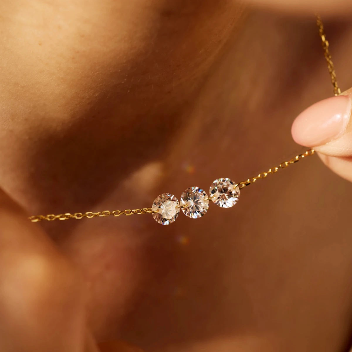Genuine S925 Silver 3 Sparkling Zircon Necklace Dainty Sliding - Adjustable Length  Minimalist Luxury Jewelry for Men and Women