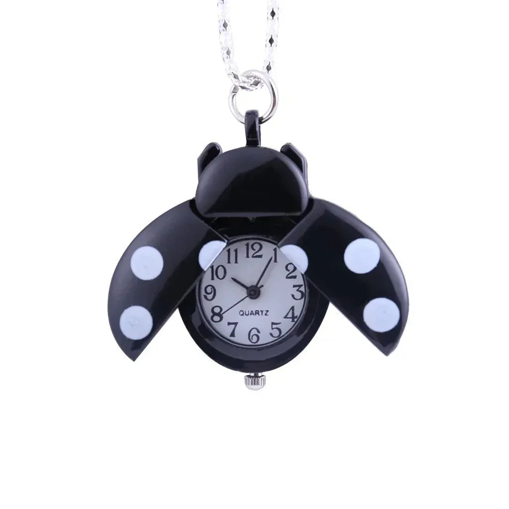 Fashion Small Golden Beetle Pocket Watchs, Cute New Adult Children Ladybug Watch,with Chain Lightweight Necklace Pendant Clock