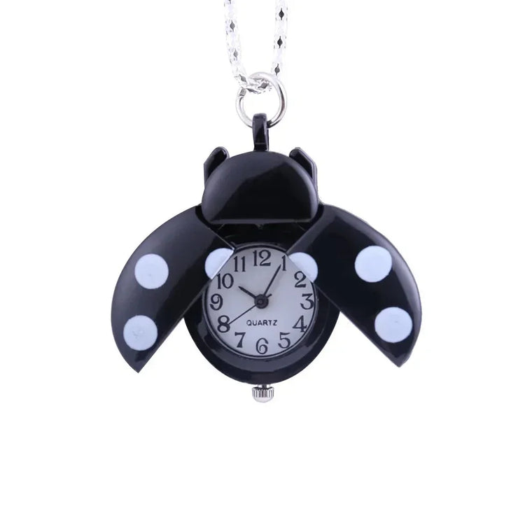 Fashion Small Golden Beetle Pocket Watchs, Cute New Adult Children Ladybug Watch,with Chain Lightweight Necklace Pendant Clock