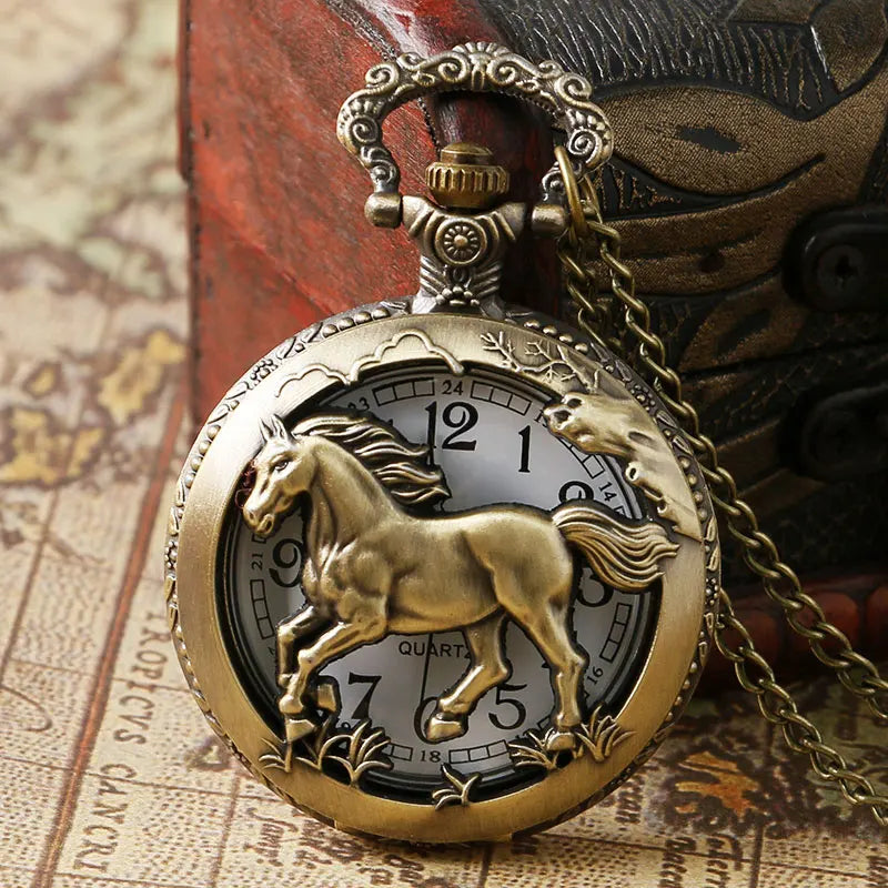 Vintage Bronze Hollow Horse Animal Design Quartz Pocket Watch With Necklace Gift Fashion New Men Women Exquisite Watches