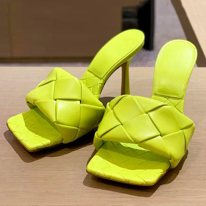 New 2026 Summer Fashion Women's Slippers PU Leather Square Toe Sandals for Women Fluorescent Yellow Fine Heel Ladies High Heels
