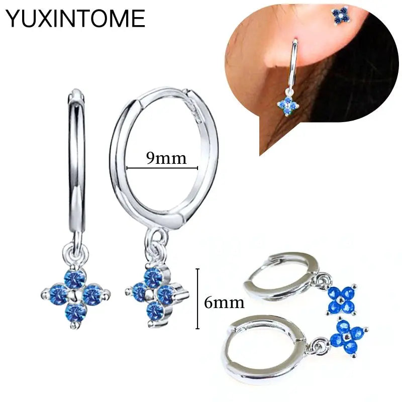 925 Sterling Silver Needle Dark Blue Crystal Silver Earrings Women's Exquisite Heart Blue Pendant Hoop Earrings Luxury Jewelry