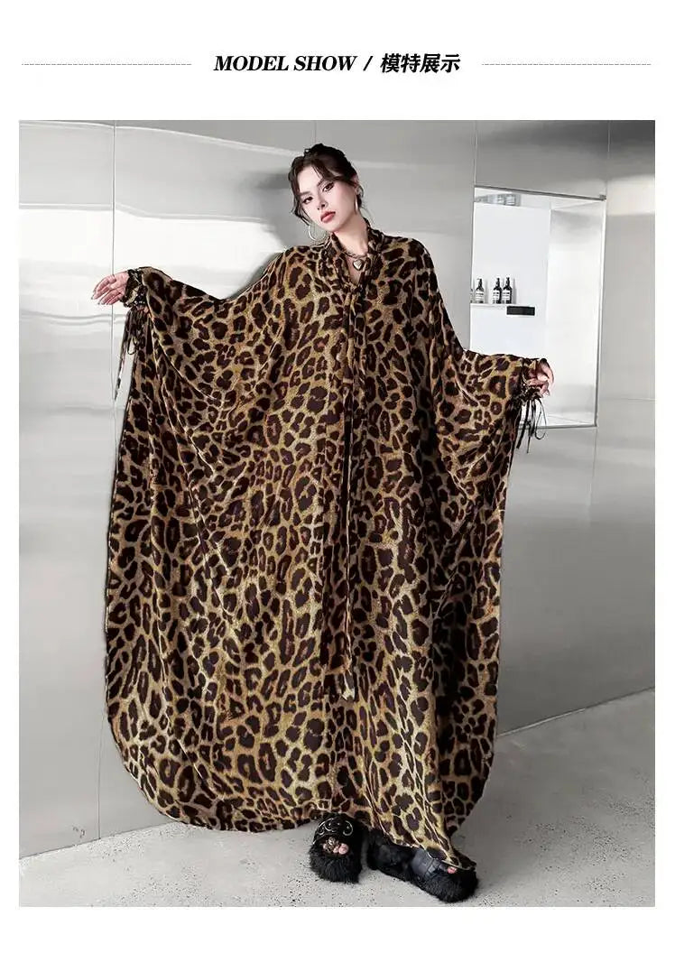 Leopard Print Loose Bat-sleeve Dress Women Summer Stand-up Collar Tie-waist Oversize Slimming Casual Long Dress XY420