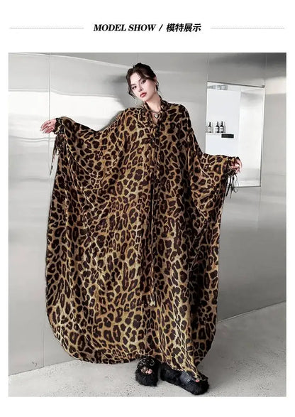 Leopard Print Loose Bat-sleeve Dress Women Summer Stand-up Collar Tie-waist Oversize Slimming Casual Long Dress XY420