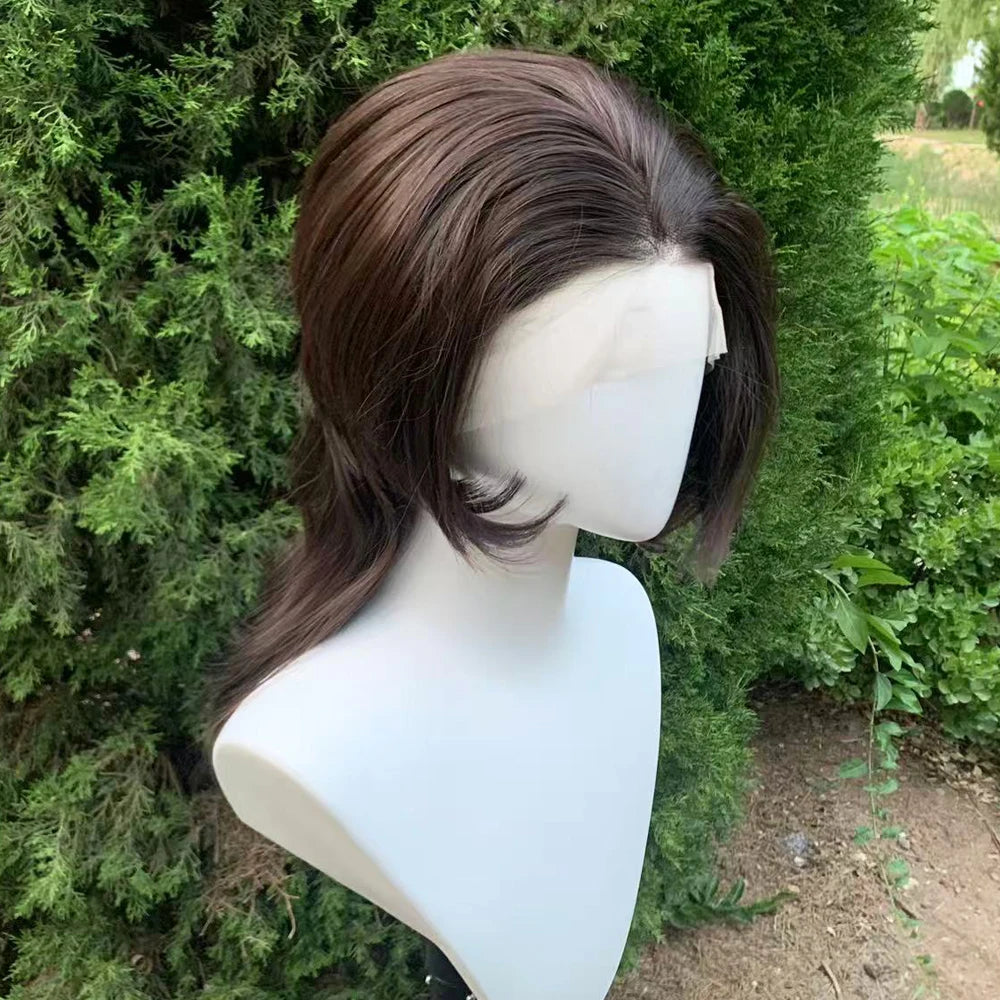 13X4 Glueless Synthetic Lace Front Wigs Brown Color Natural Wave Shoulder Length Layer Ponytails Short Cut Cosplay Wig for Women