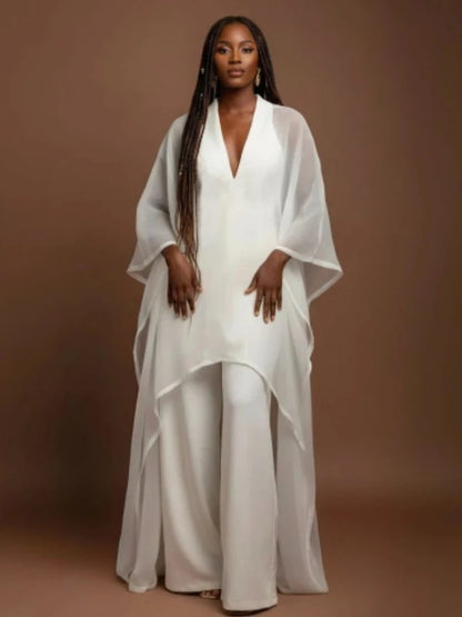 Stylish White Women Festival Jumpsuits V Neck Mesh Batwing Sleeves Long Wide Leg Elegant Wedding Guest Going Out Party Occasion